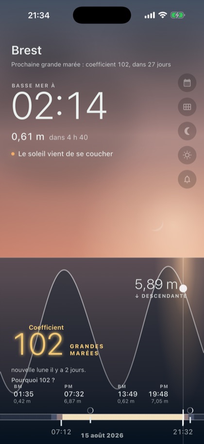 Écran principal de Grandes Marées, couchant et croissant de lune